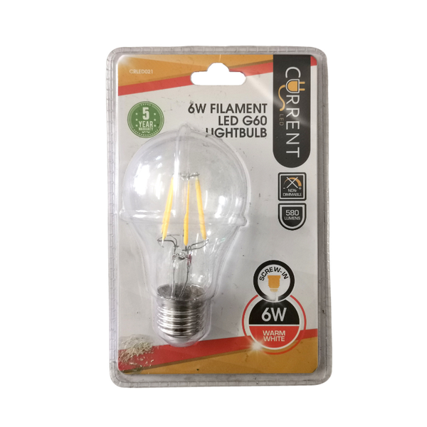 Bulk Pack x 5 Current Light Bulb LED E27 Candle Fila 6W Warm White