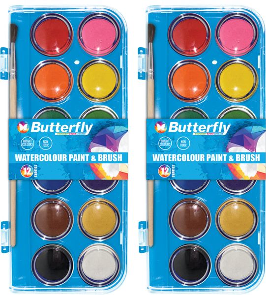 Butterfly 12 Watercolour Paint &amp; Brush Set X2