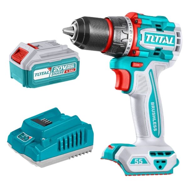 Total Tools - Cordless Brushless Drill (55Nm) with 4.0Ah Battery &amp; Charger