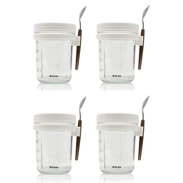 Tamias Overnight Oats Container with Lid Spoon and Straw Pack of4 350ml White