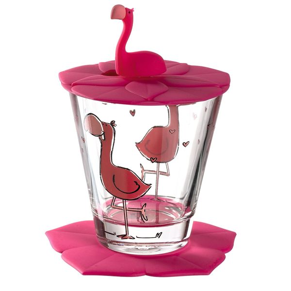 Leonardo Children's Drinking Glass Set: Flamingo Cup, Saucer &amp; Lid Bambini