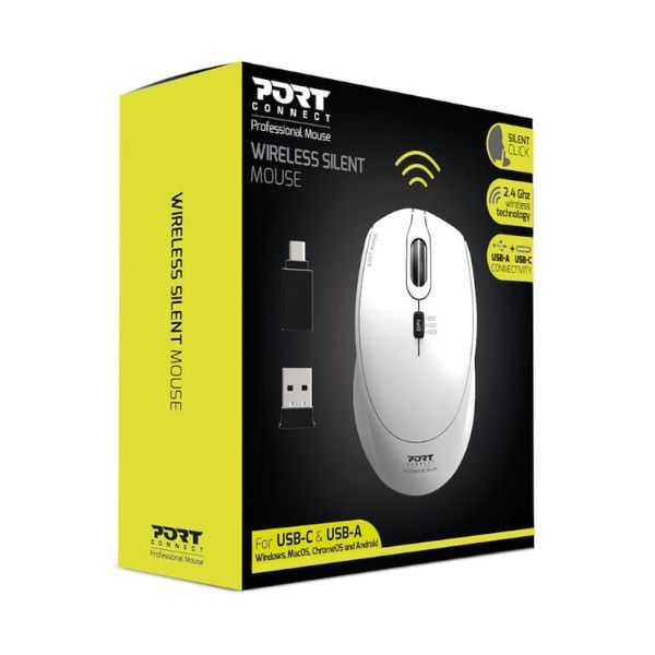 Port Office Pro Wireless Silent Mouse White - Dual USB-A &amp; USB-C