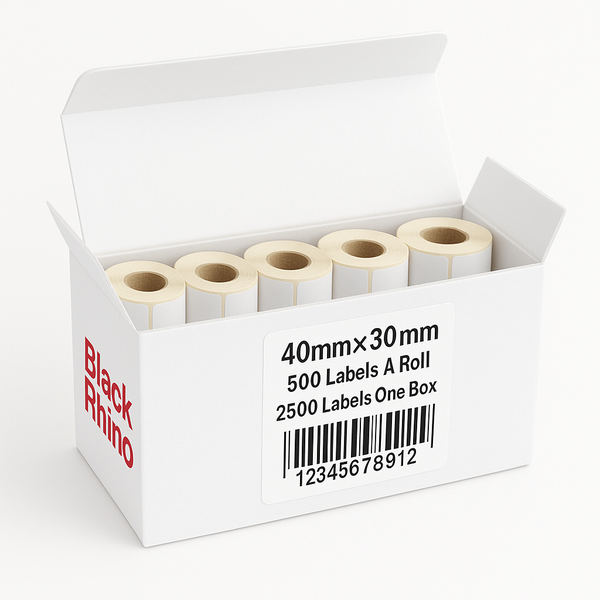 Black Rhino Thermal Label Stickers - 40x30mm, 500 Labels/Roll, Pack of 5