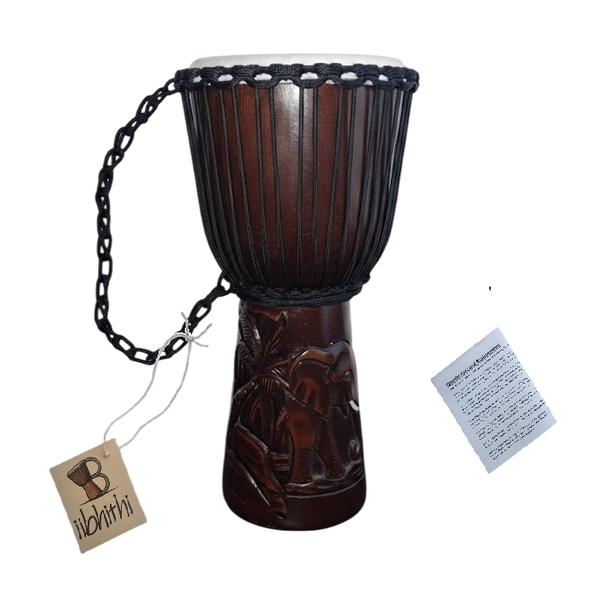 Djembe Drum By iibhithi Elephant And Palm Tree Carved 30cm x 60cm