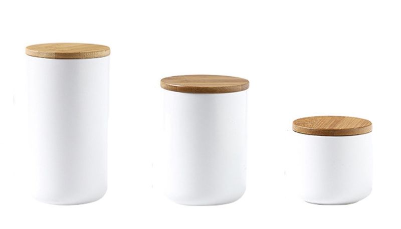 White and Black Ceramic Storage Jars, Set of 3, with Airtight Wooden Lids