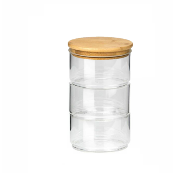 3 Tier Food Storage Jar Stackable Glass with Bamboo Lid