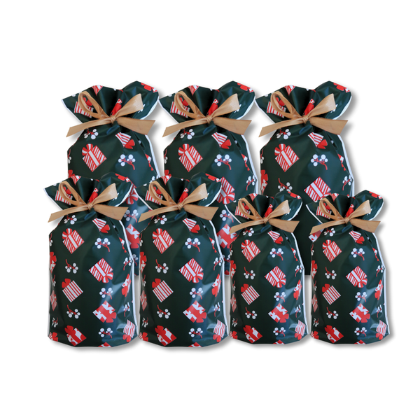 7pcs Assorted Sizes Christmas Gift Bags with Drawstring Red with White Bows