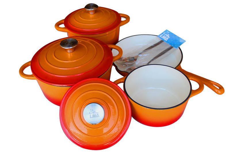 LMA Branded 7 Piece Cast Iron Cookware Set &amp; 2Pcs Utensil Set Sunset Orange