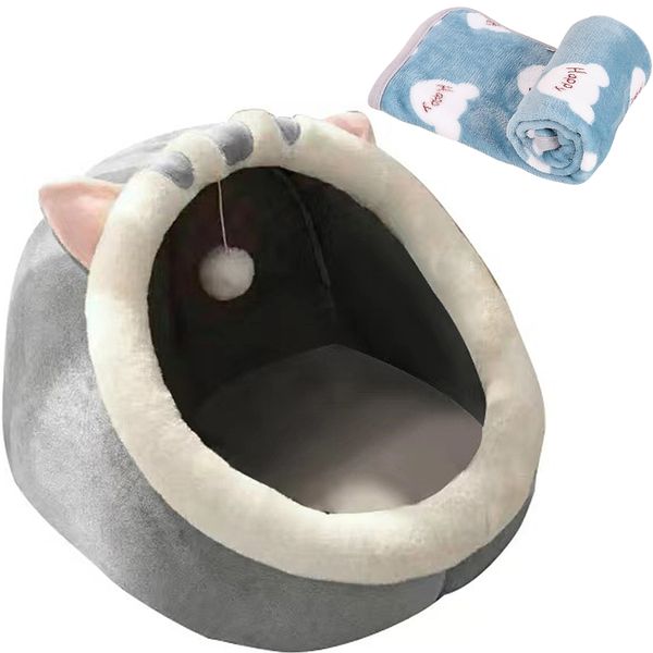 Semi-Enclosed Small Pet Dog And Cat Kennel Mat Pet Bed with blanket-grey