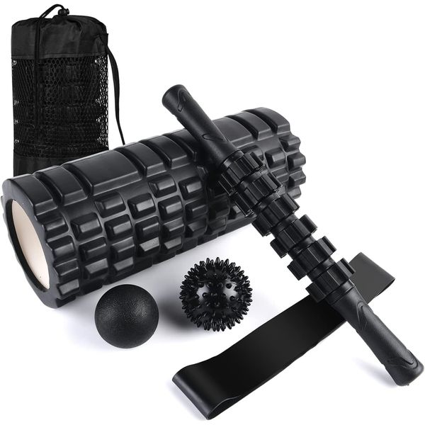 Foam Roller Set: Foam Roller, Muscle Roller Stick, Band, Massage Ball and Bag