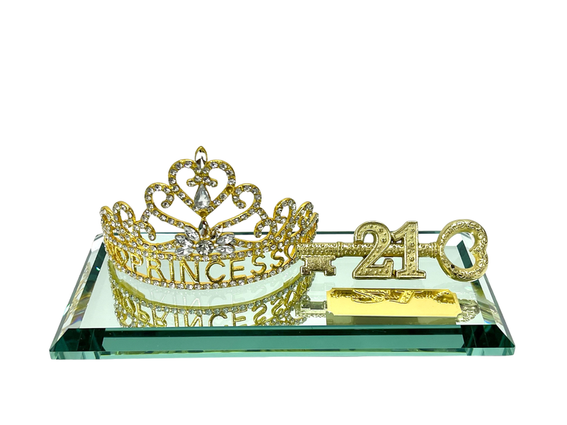 21st Key Princess Crown Gold on Glass Mirrored Base