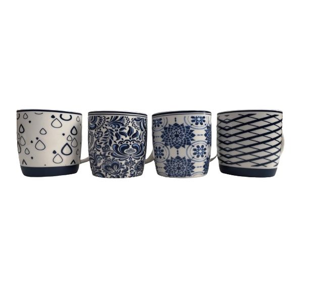 4 Pieces Ceramic Mug Set Blue Floral in Gift Box