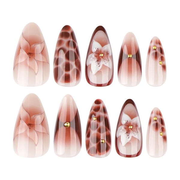 3D Flower Wearable Nails-Medium And Short Almond False Nails