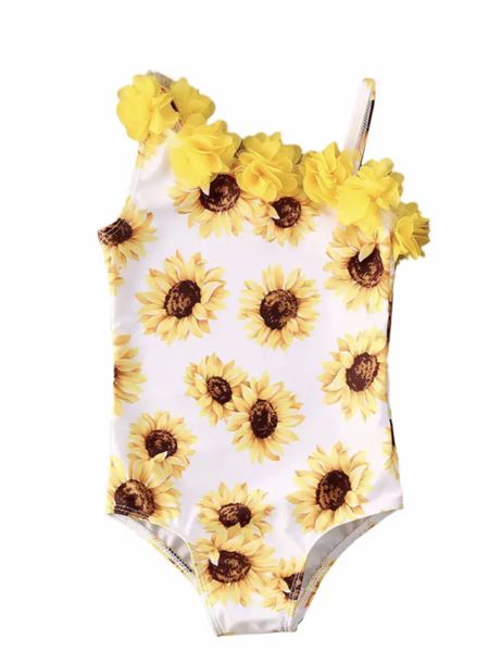 One arm Yellow Sunflower Girls Kids Swimsuit Swimwear