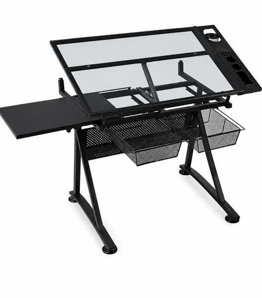 Glass Drawing Table Studio Desk/Art Workstation Drafting Table + Storage