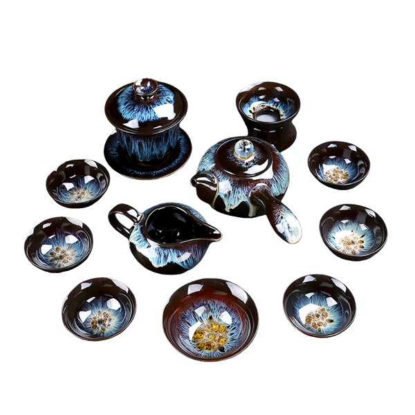 Jun Kiln Style Ceramic Kung Fu Tea Set with Teapot &amp; Cups