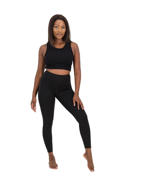 4-Way Stretch Leggings With Pockets Black-Squat Proof, Full Length,Mobility