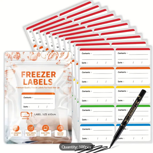 Removeable Multicolour Food Storage Labels With Pen - 100 Pieces