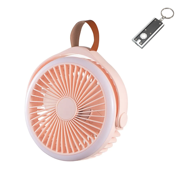 Portable Rechargeable Camping Fan with Built-In Light + LED Keyring Torch