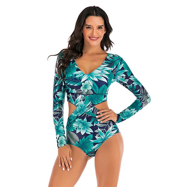 Iconix Women's Criss-Cross Blue Long-sleeve Zip Swimwear
