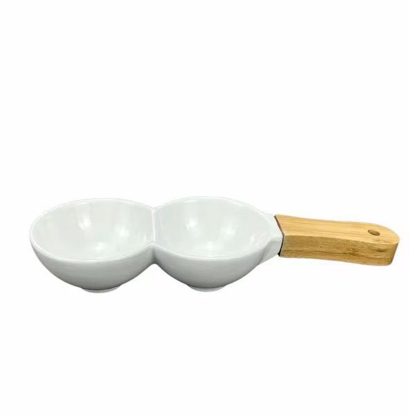Ceramic 2-Section Serving Bowls with Bamboo Handle