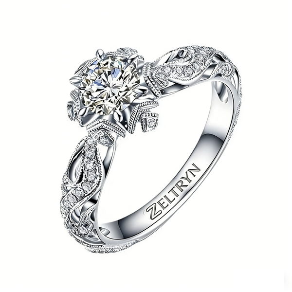 ZELTRYN Hollowed-Out Flower &amp; Starry Moissanite Zircon Engagement Ring