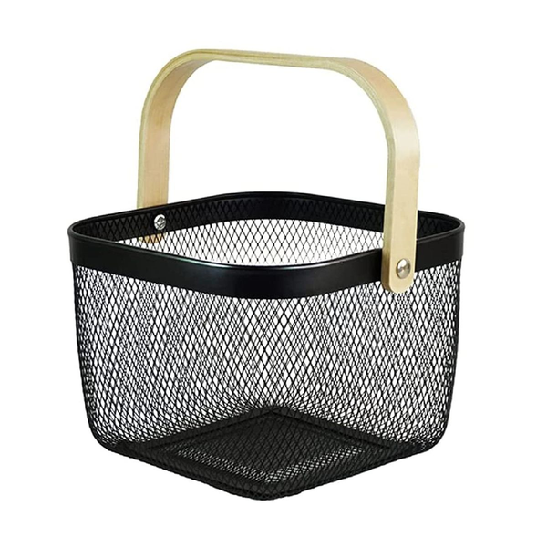 Modern Mesh Wire Basket With Wooden Handle