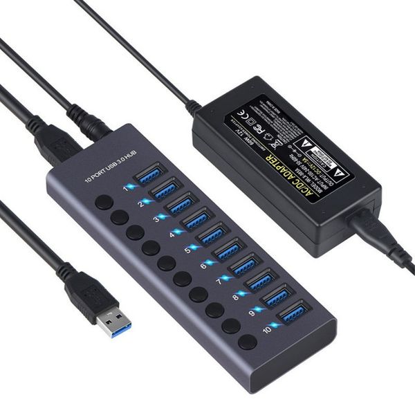 USB 3.0 10-PORT Charger Expansion Power Hub Independent Switch High Current