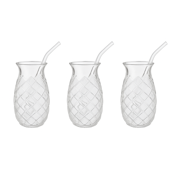 3 Pack - 450ml Embossed Pineapple Glass Cup with Straws- Transparent