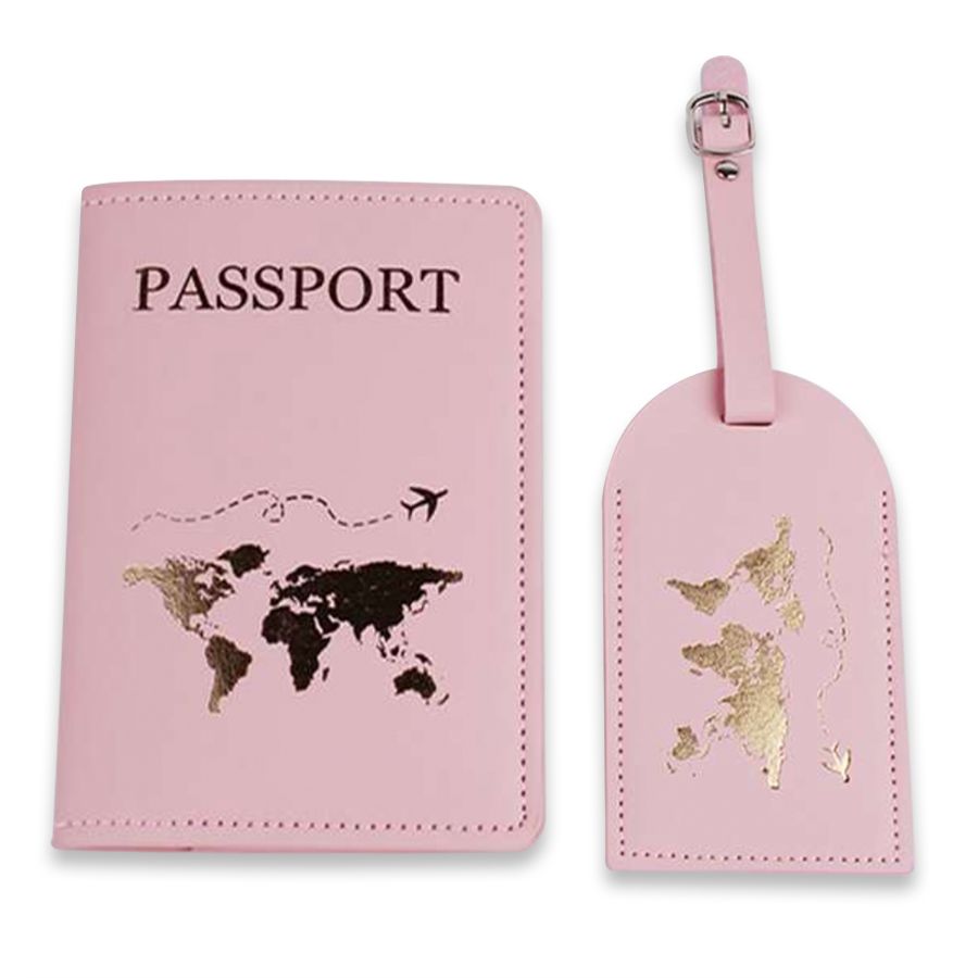 Pink & Gold World Map Matching Passport Cover Luggage Tag Set | Shop ...