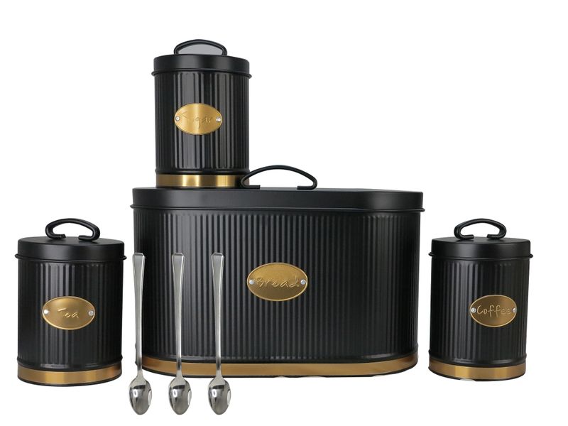 7 Piece Striped 2 Loaf Bread Bin with Long Stemmed Serving Spoon &amp; Canister Set