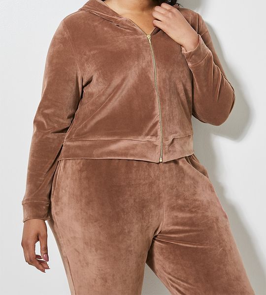 Women's Velvet Plush Velvet Zip Through Hoodie - Mink