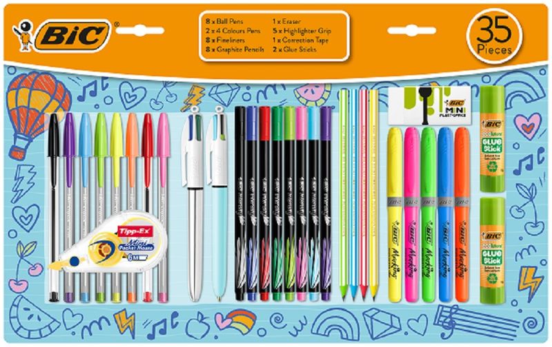 BIC 35 Piece School Stationery Set: Highlighters, Pens, Glue, Pencils