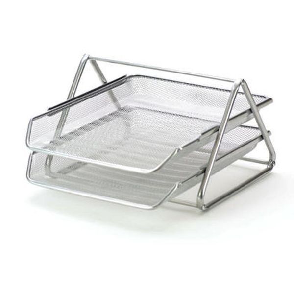 LANDA Wire Mesh Metal Desk Letter Tray Set - 2-Tier - Silver