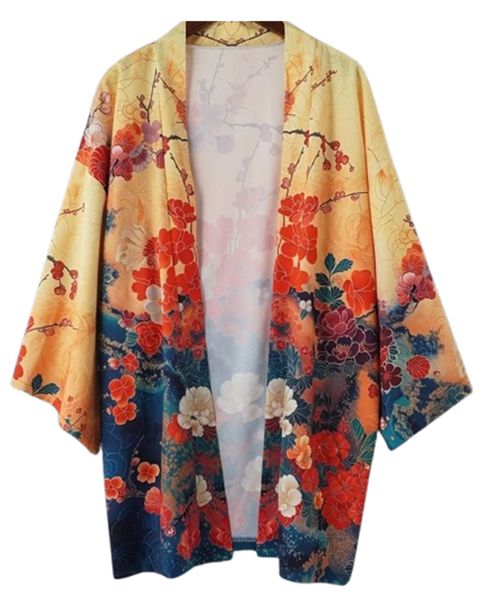 Boho Cherry Blossom Yellow Orange Print Kimono for Women