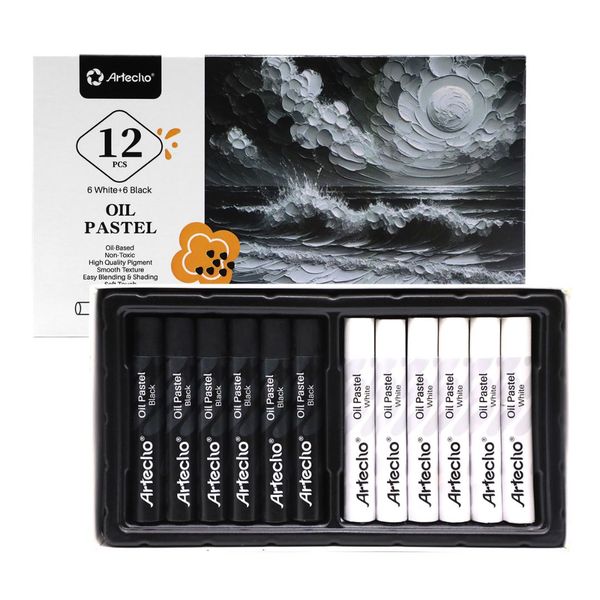 Artecho 12pc Oil Pastel Professional Range - 6 x Black &amp; 6 x White