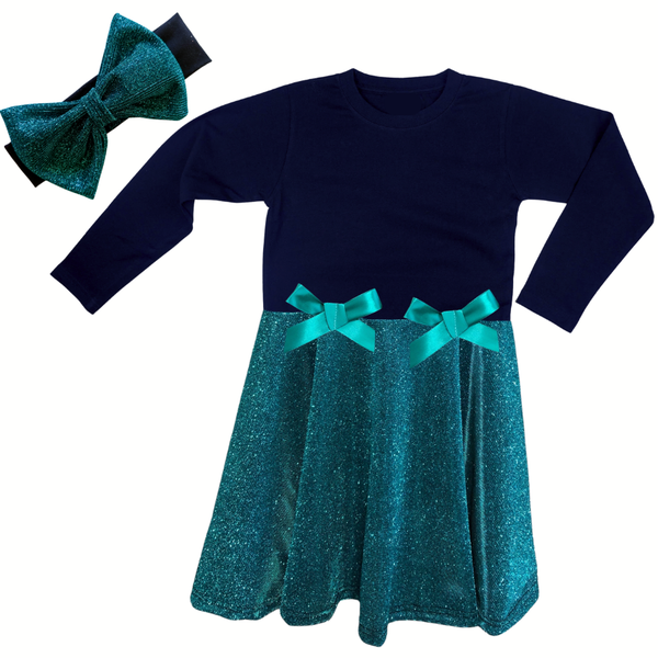 Girls Princess Special Occasion - Long Sleeve - Glitter Dress &amp; Headband -Navy &amp; Teal