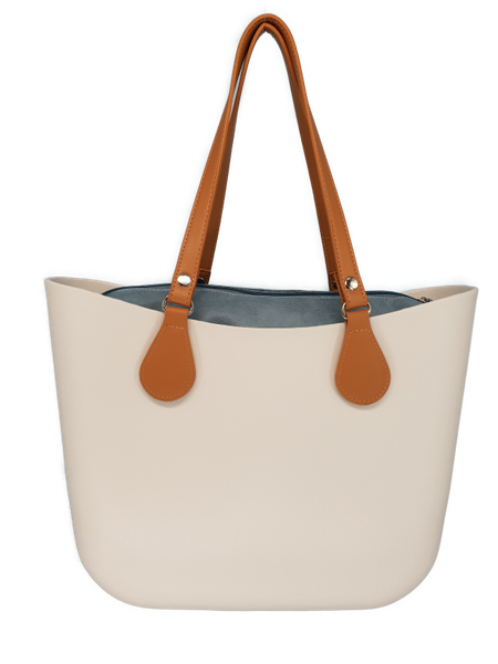 Eva Classic Handbag White, PU leather L Blue inner, Brown handles