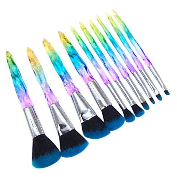 10 Piece - Luxe Crystal Handle Makeup Brush Set - Multicolor