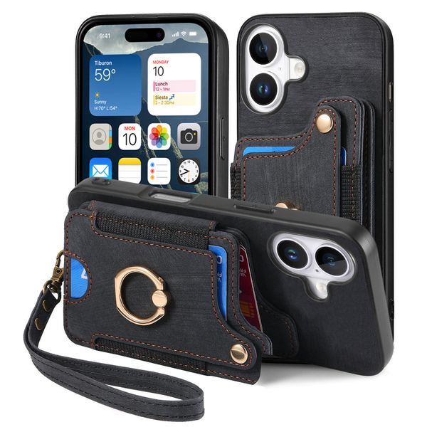 Finger Ring Case Compatible With iPhone 16 Plus Leather Lanyard Cover