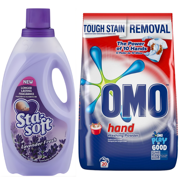 OMO Hand Washing Powder 3kg + Sta-Soft Lavender Fabric Softener 2L