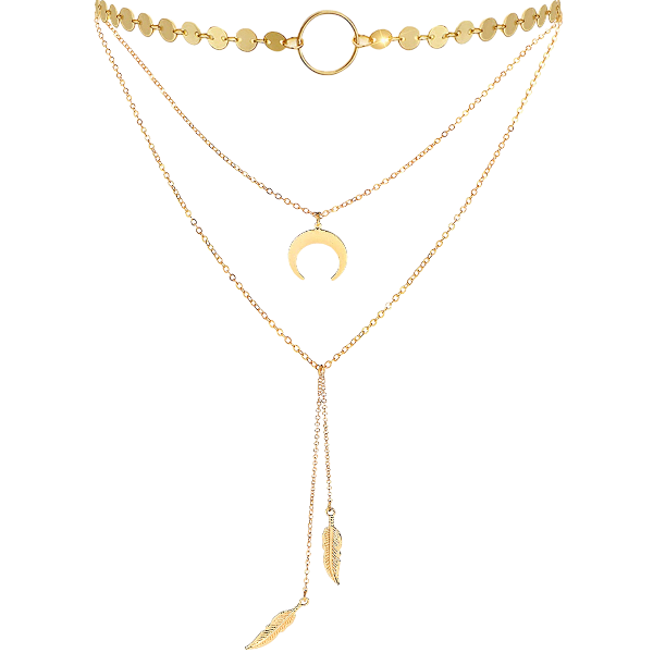 Multi-Layered Choker Necklace with Crescent Moon &amp; Feather Pendants- Gold