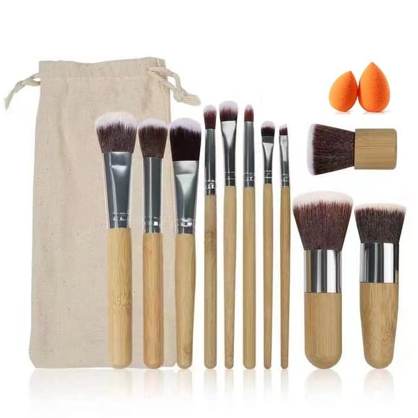 13Piece Bamboo Handle Make Up Synthetic Brush Set 2 Mini Foundation Sponges