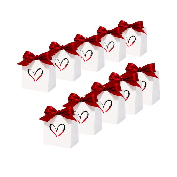 Valentine's Day White Gift Boxes with Red Satin Bows - 10-Piece Set