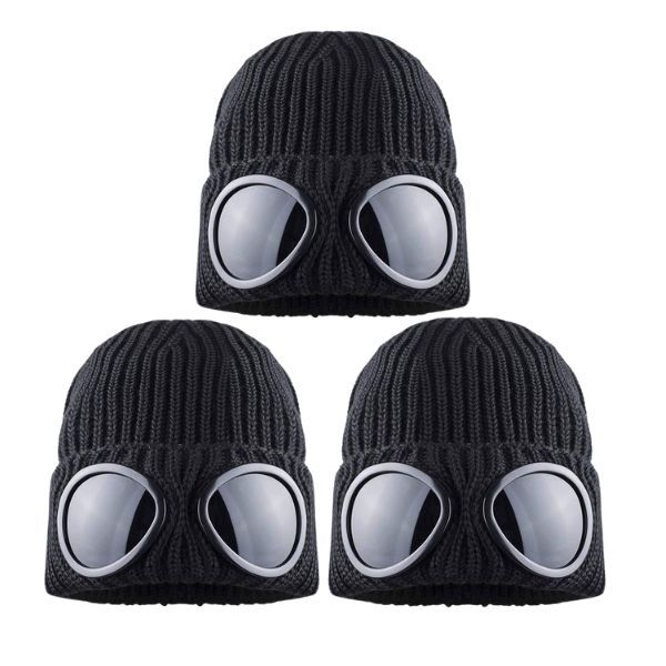 Black Knitted Goggle Beanie Hat - Pack of 3 (Winter Warm)