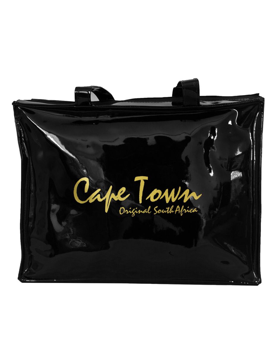 Fino DT5 Cape Town Souvenir Faux Patent Leather Tote Handbag Black