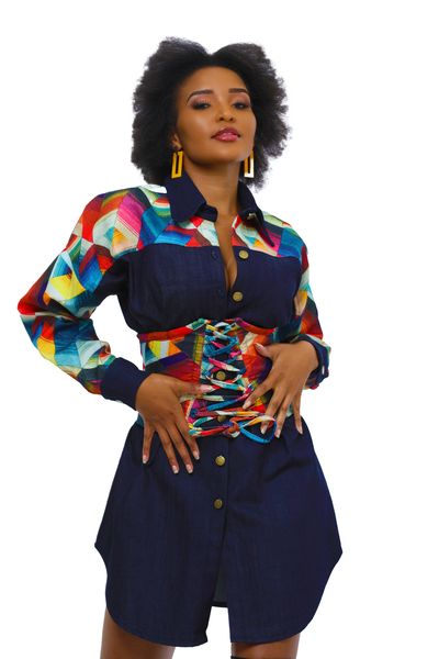 Selphies Ladies Denim Shirt Dress with Corset Belt 2 piece Combo-Blue