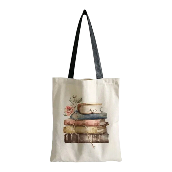 Vintage Stacked Books Print Shopper Tote Bag - White