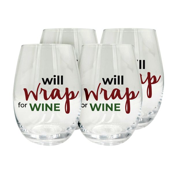 Will Wrap For Wine Stemless Wine Glass - Set of 4