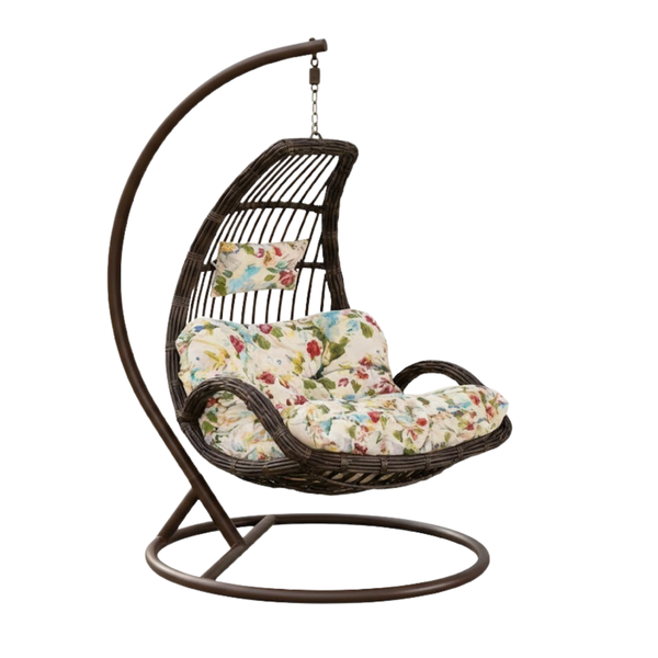 Hanging Wicker Egg Chair Swing with Stand &amp; Floral Cushions-XY-L10